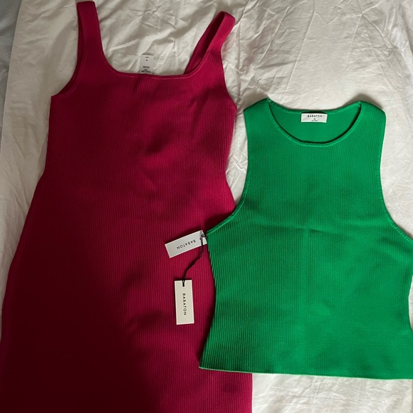 Watermelon sugar! Aritzia Sculpt Knit Gloss Green Tank + Eros Pink Dress NWT - Picture 6 of 7